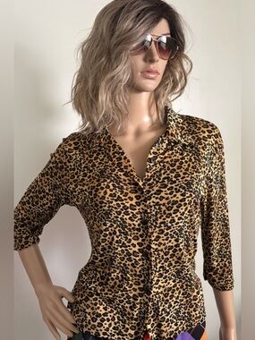 PS Per Seption Vintage 90’s Leopard Print Button-Front Blouse Tan & Black Size M